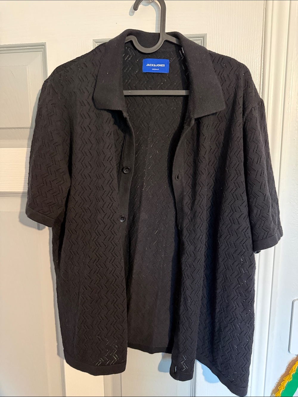 Jack & Jones Black Short-Sleeve Knit Shirt Jacket - Textured Button Front